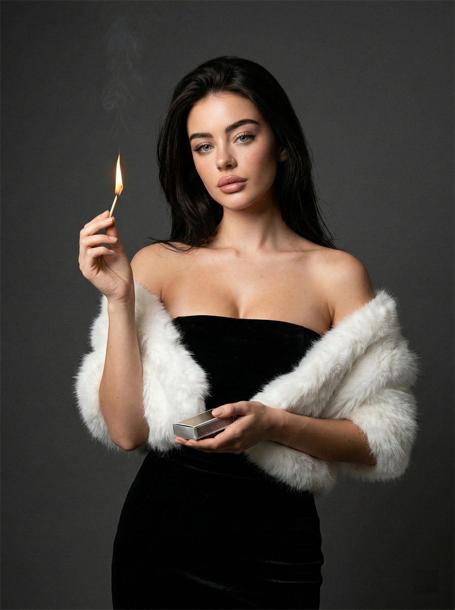 Black dress fur stole matchstick effect
