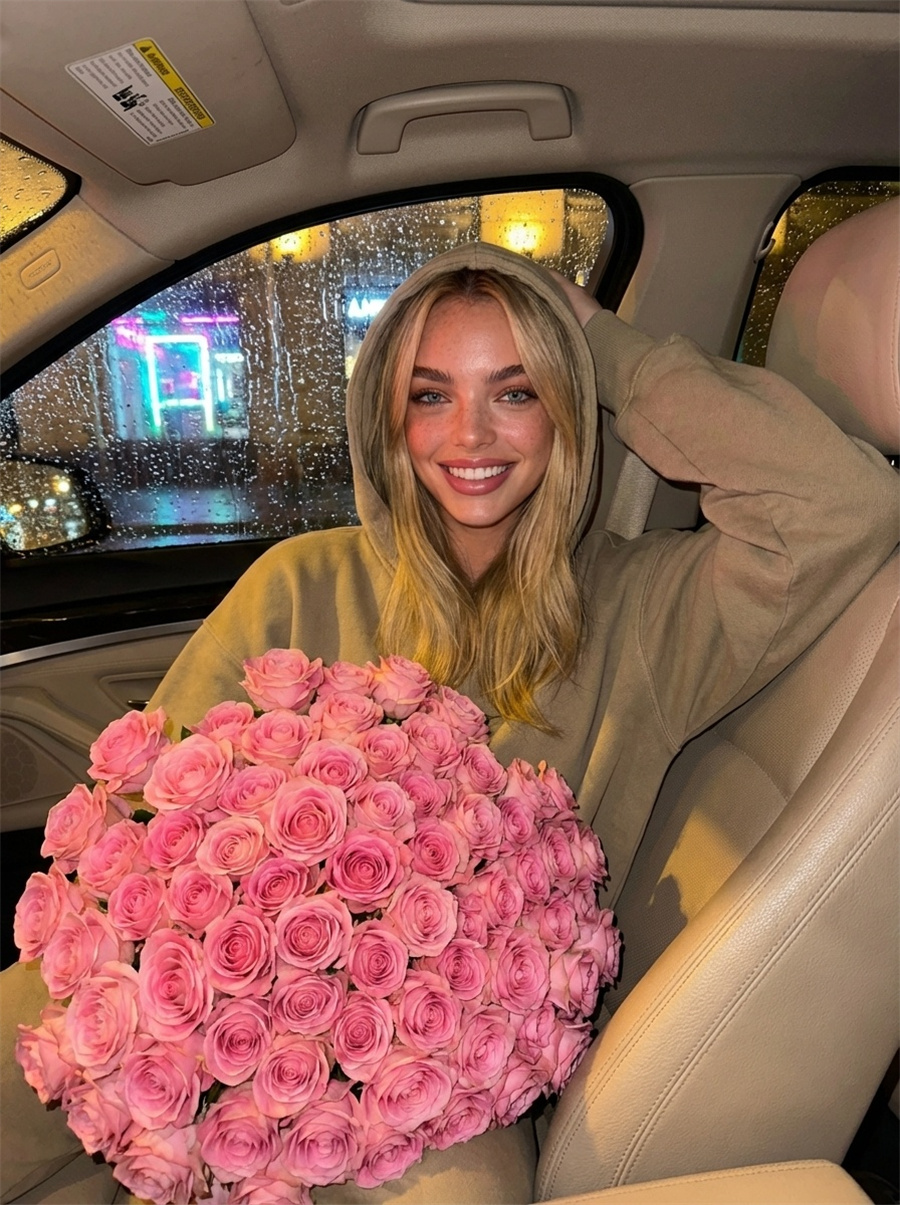 Rainy night car rose bouquet effect