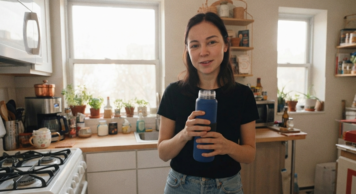 A young woman holding a blue reusable water bottle in a small sunlit kitchen in a horizontal framing