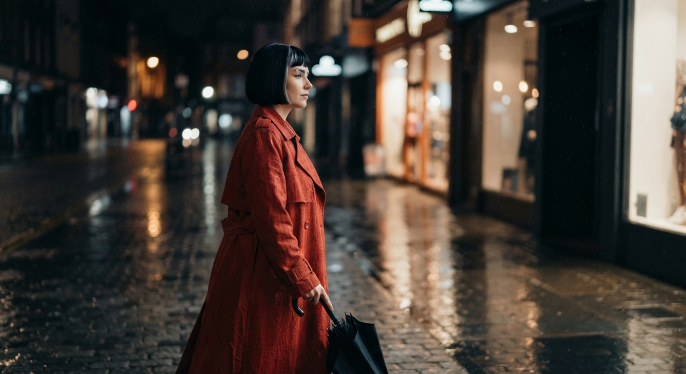 A woman with a short black bob and rust-red trench coat walking past glowing shop windows on a rainy night