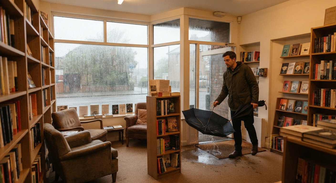 A man entering a small bookstore with an umbrella during a rainy day, looking around the interior