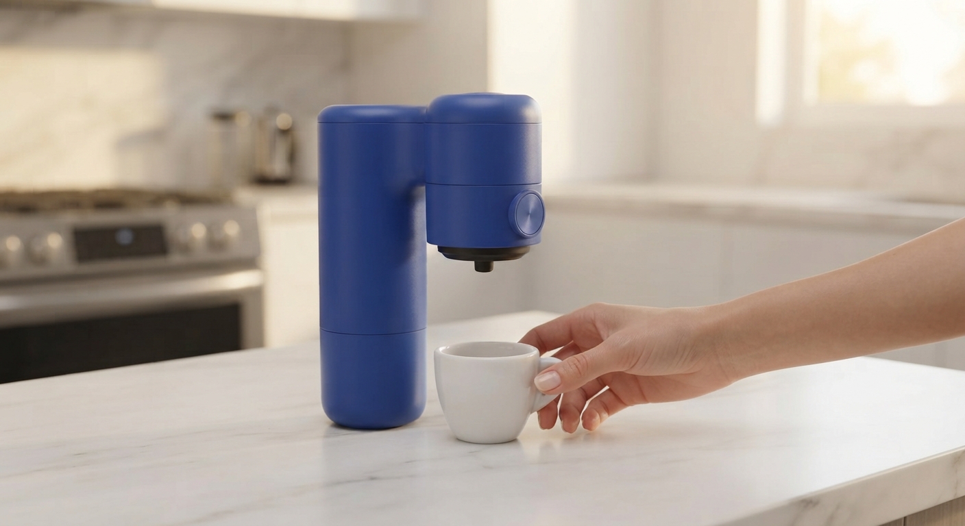 A cobalt-blue portable espresso maker on a clean marble kitchen counter with a cup