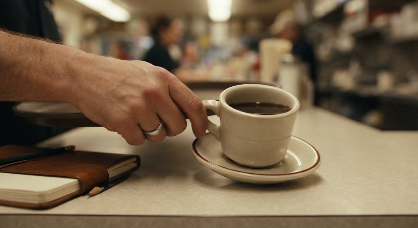 A restaurant counter where a hand sets down a cup and saucer next to a notebook